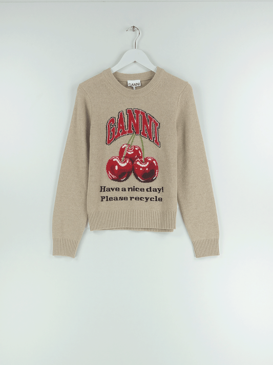 GRAPHIC WOOL MIX CHERRY CREWNECK SAFARI