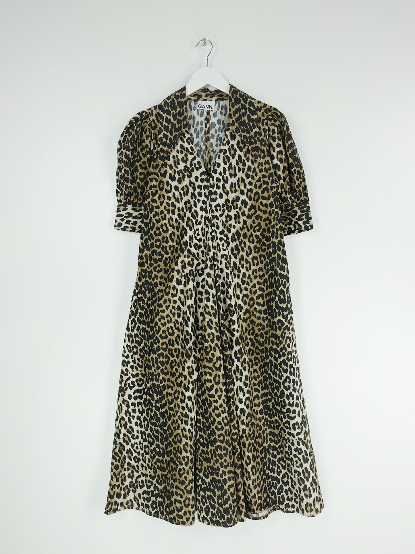 PRINTED COTTON POPLIN V-NECK LONG DRESS LEOPARD