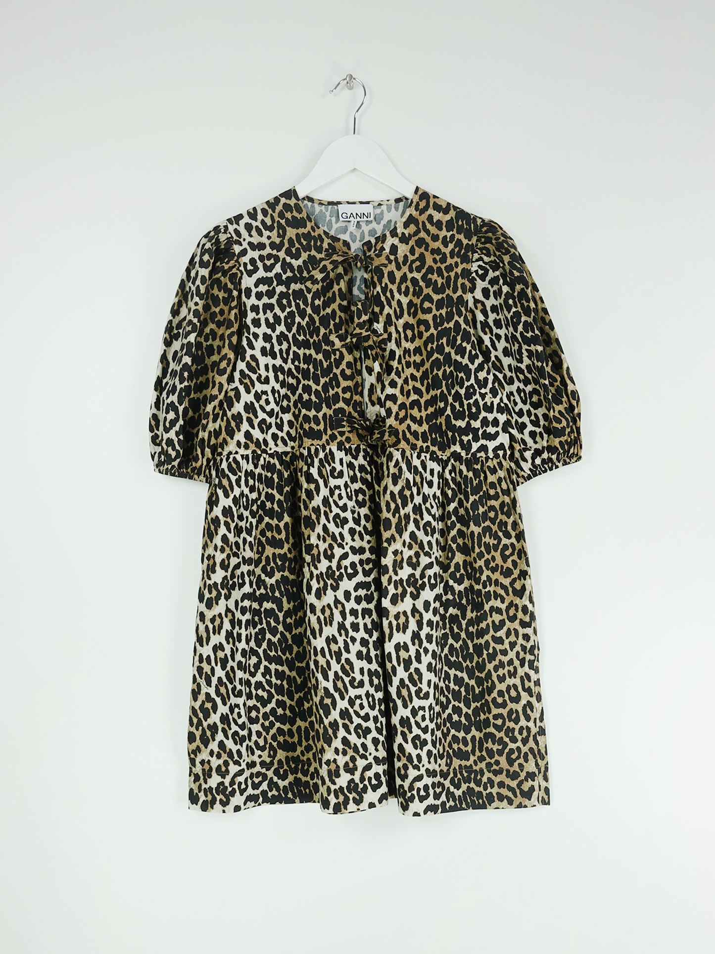 PRINTED COTTON TIE STRING MINI DRESS LEOPARD