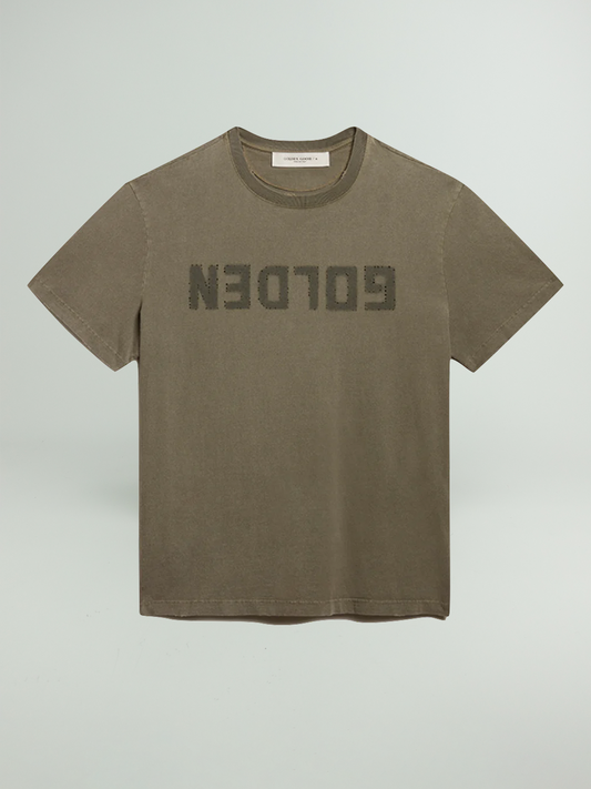 GOLDEN M'S REGULAR T-SHIRT DISTRESSED COTTON JERSEY WITH LOGO DUSTY OLIVE