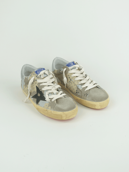 SUPER-STAR DESERT CAMOUFLAGE RIPSTOP UPPER SUEDE TOE SHINY LEATHER STAR LAMINATED HEEL DESERT CAMOUFLAGE/TAUPE/BLACK/SILVER