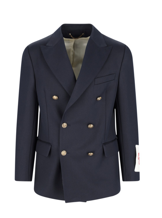 GOLDEN M'S DOUBLE BREASTED BLAZER COMPACT GABARDINE WOOL DARK BLUE